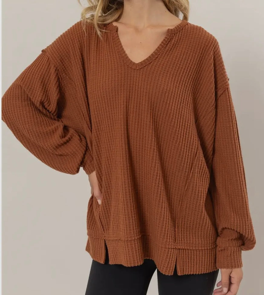 Brushed Waffle Notch Neck Long Sleeve Top