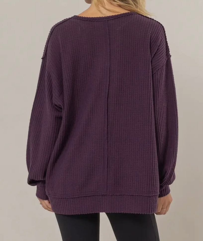 Brushed Waffle Notch Neck Long Sleeve Top