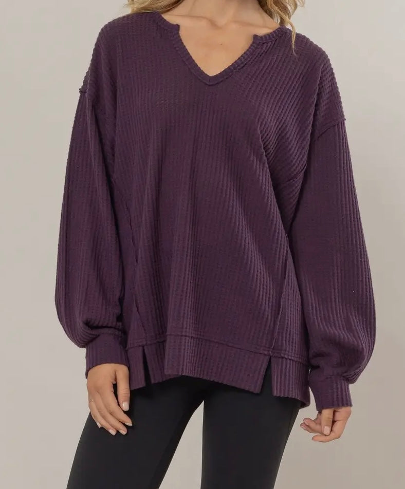 Brushed Waffle Notch Neck Long Sleeve Top