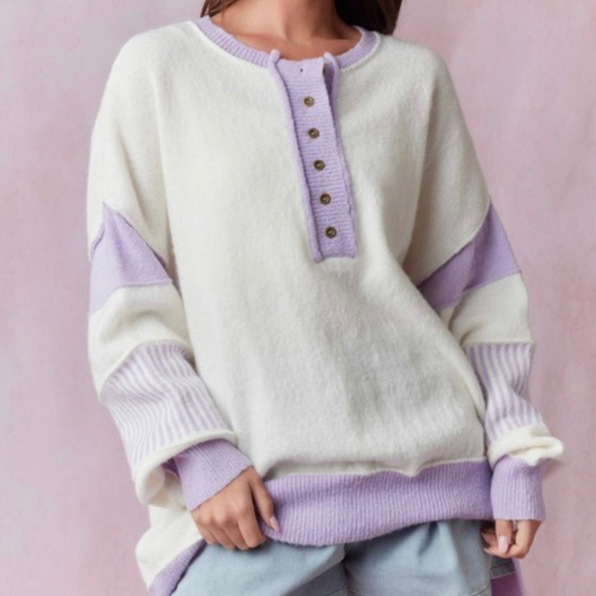 Lavender Oversized Henley Sweater