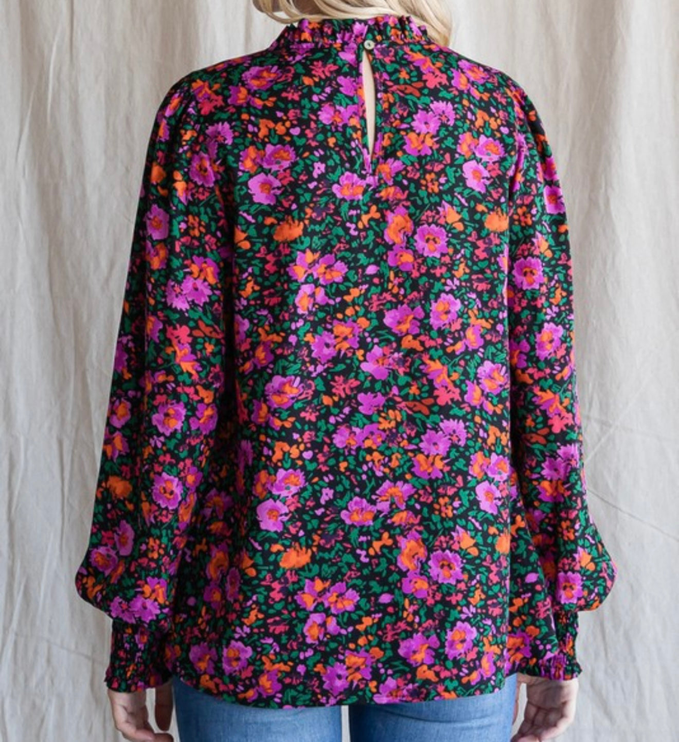 Black Floral Mock Neck Long Sleeve Top