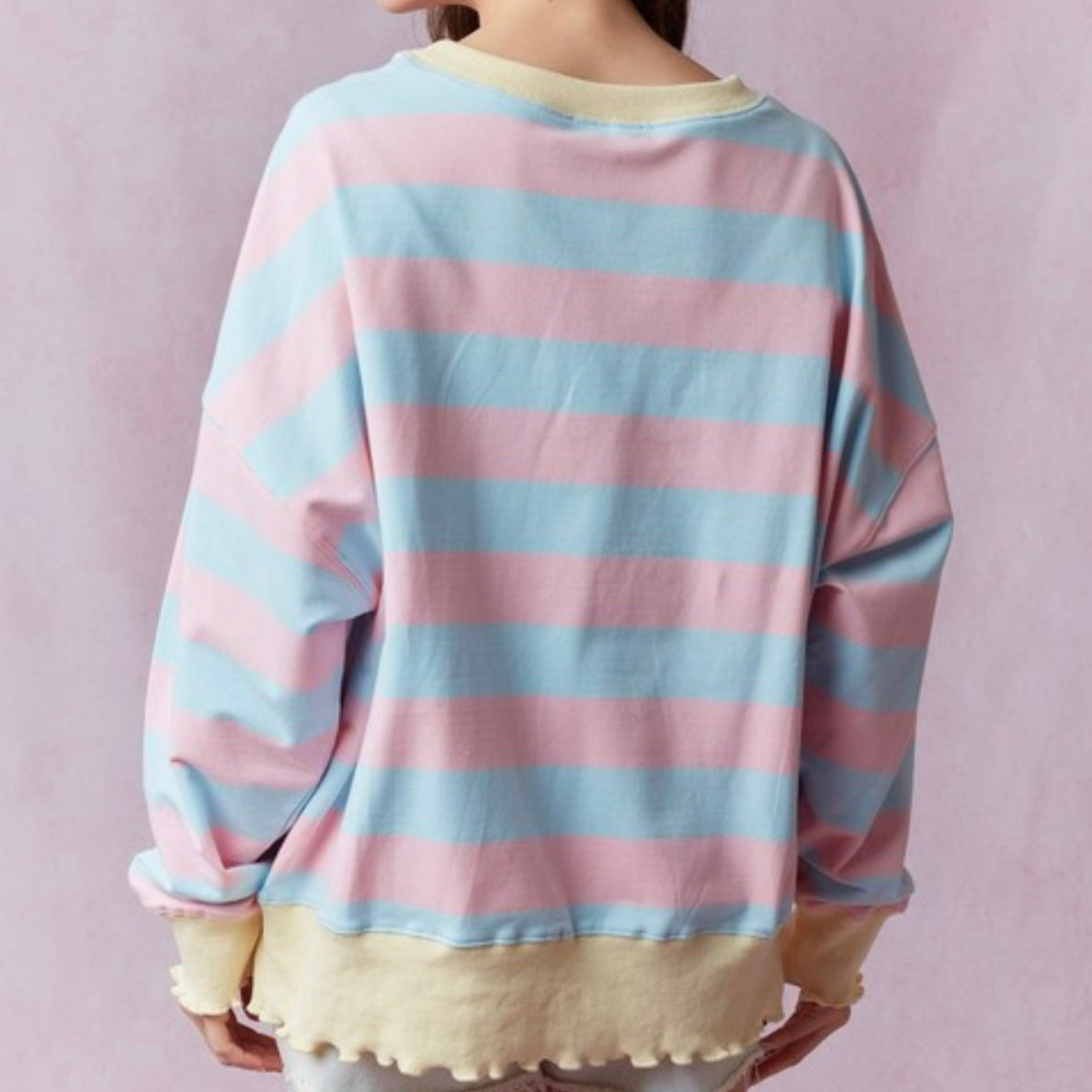 Striped Lettuce Cut Long Sleeve Top