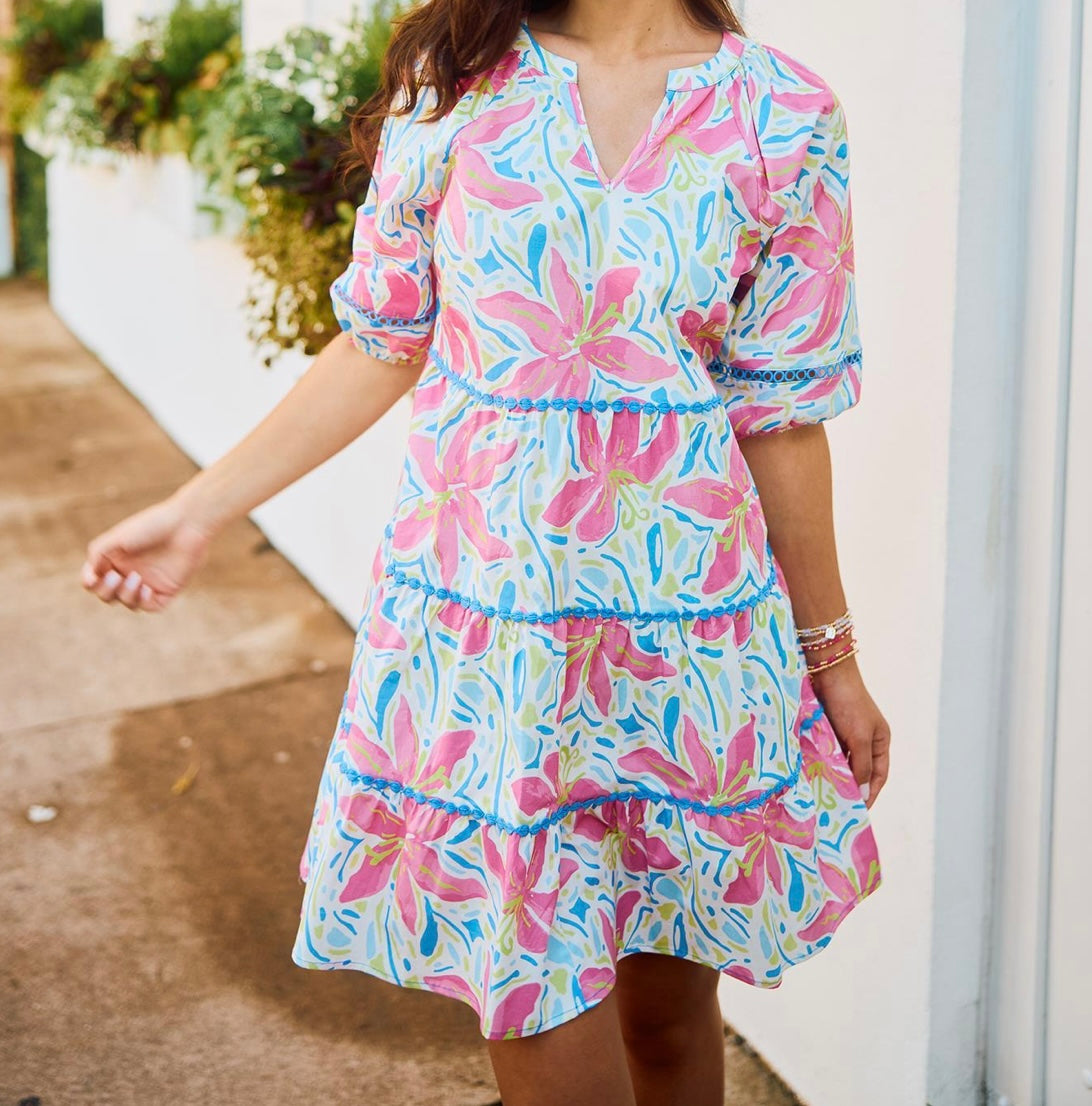 Hibiscus Harmony White Palmer Dress