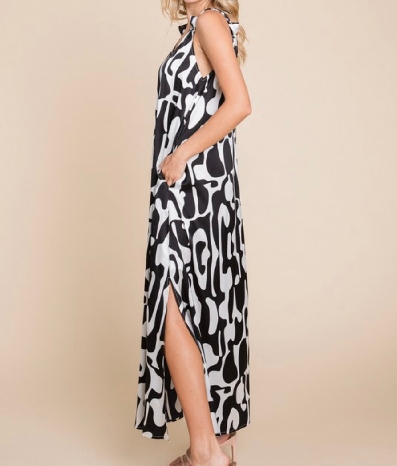 Black & White Satin Sleeveless Maxi Dress