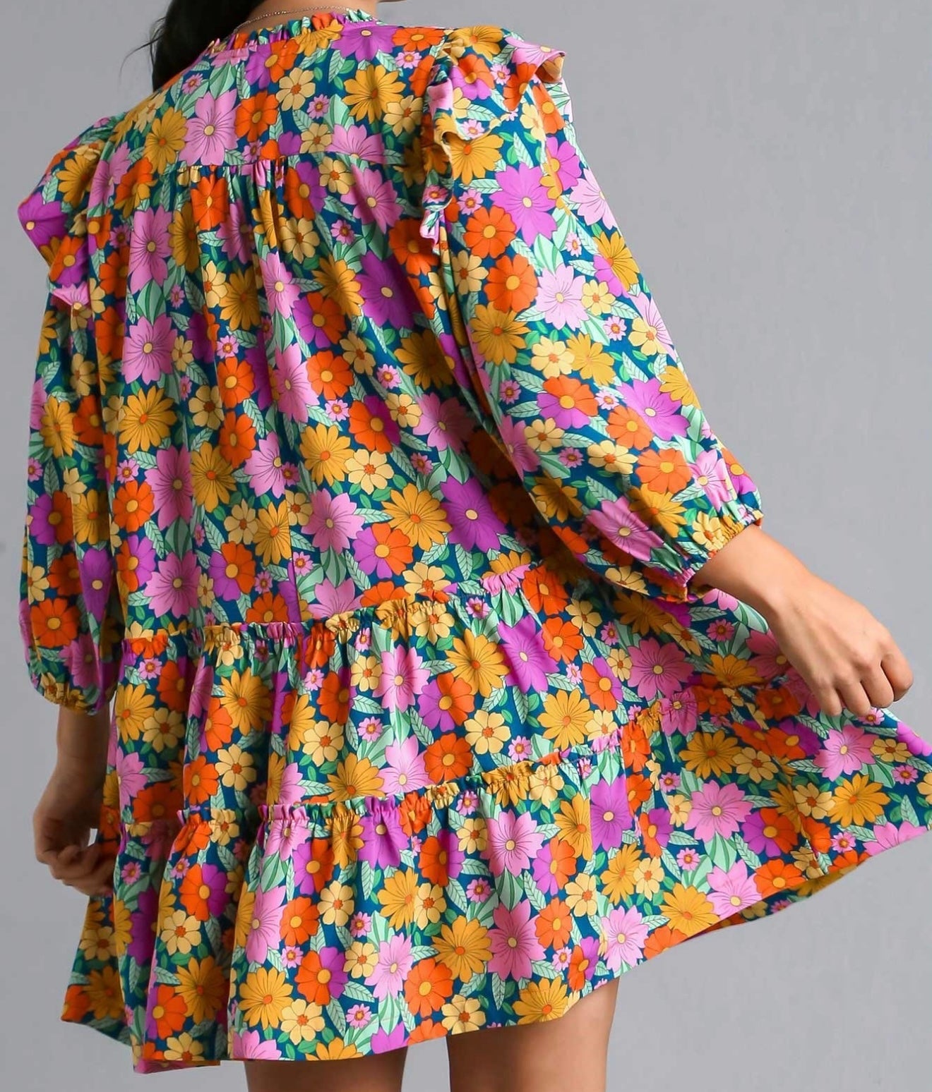 Teal Double Ruffle Flower Print Tiered Dress