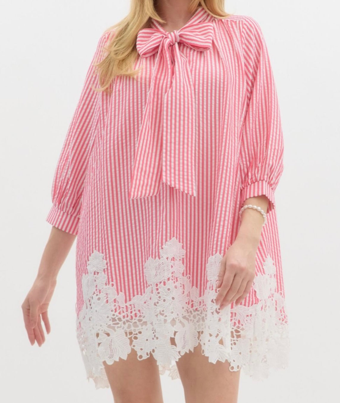 Pink Striped Bow Lace 3/4 Sleeve Dress