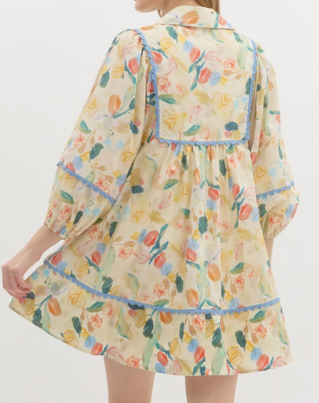 Watercolor Floral Print Scallop Trim Dress