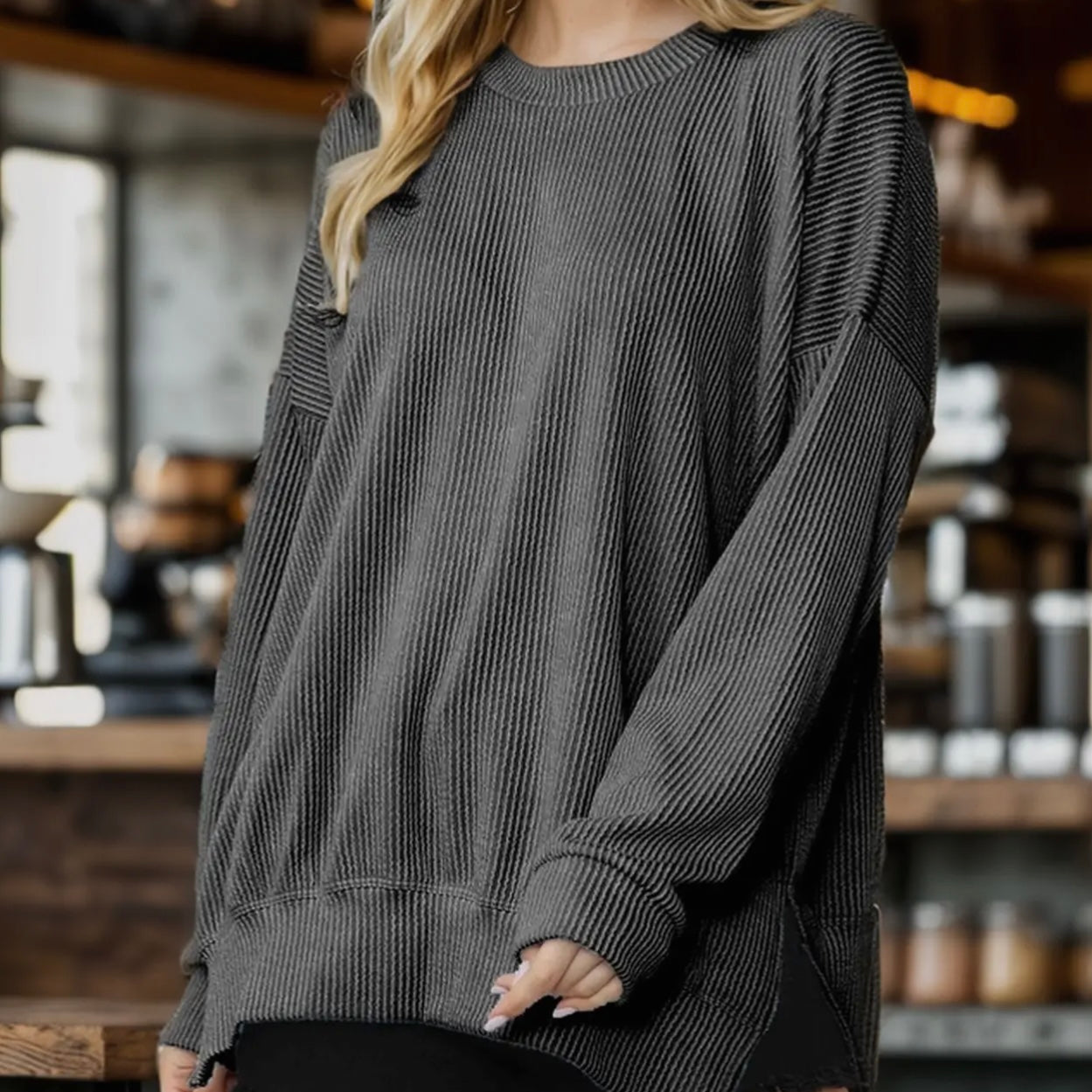 Oversized Ribbed Side Slit Sweatshirt