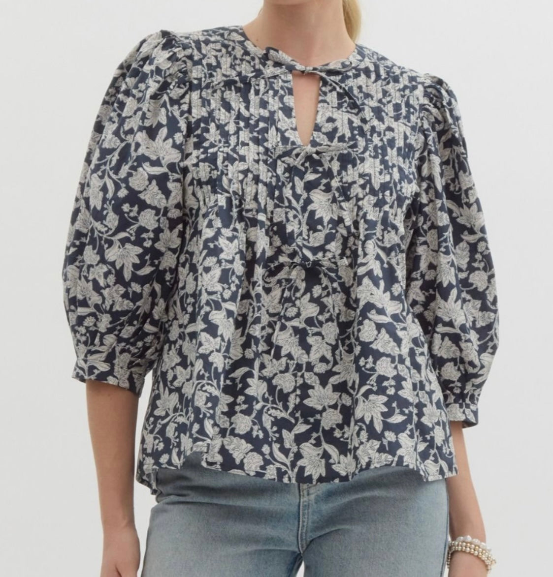 Navy Floral Puff 3/4 Sleeve Top