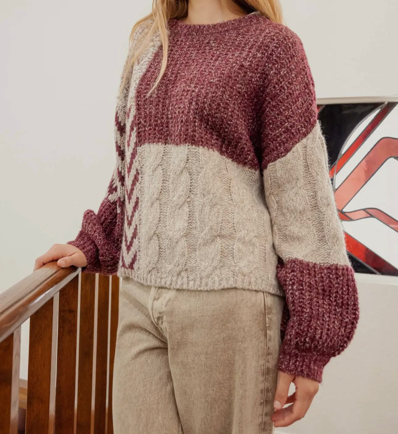Colorblock Chevron Cable Knit Sweater