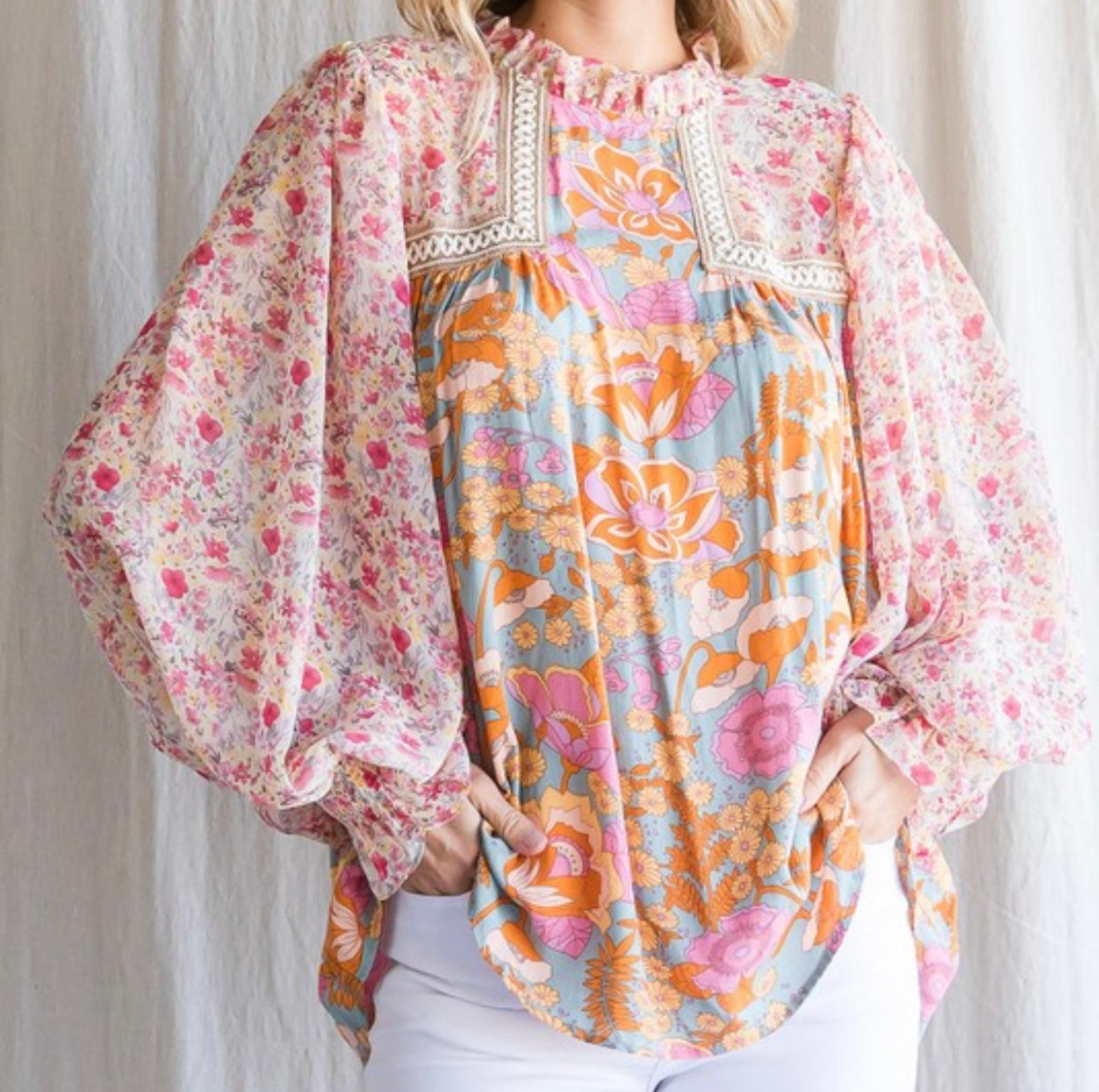 Floral Chiffon Frill Long Sleeve Top