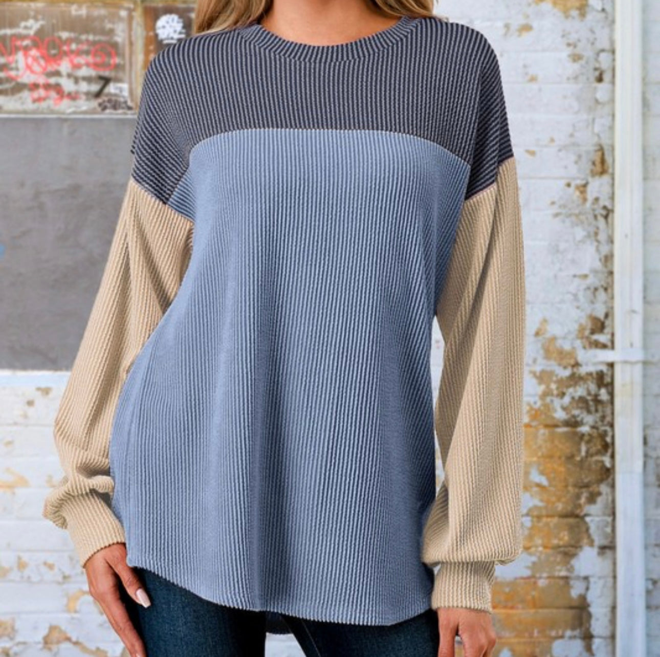 Color Block Ribbed Long Sleeve Top
