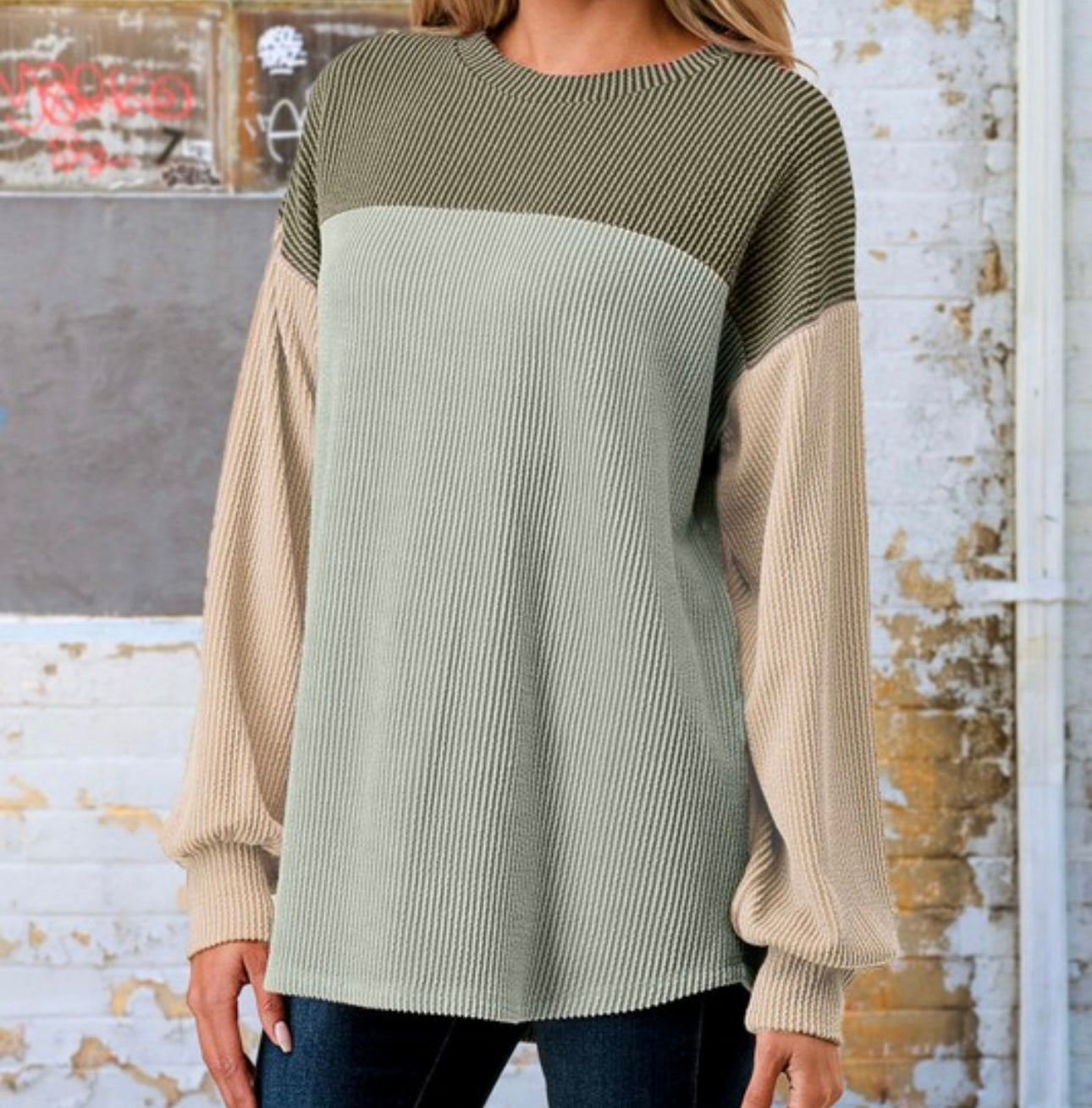 Color Block Ribbed Long Sleeve Top