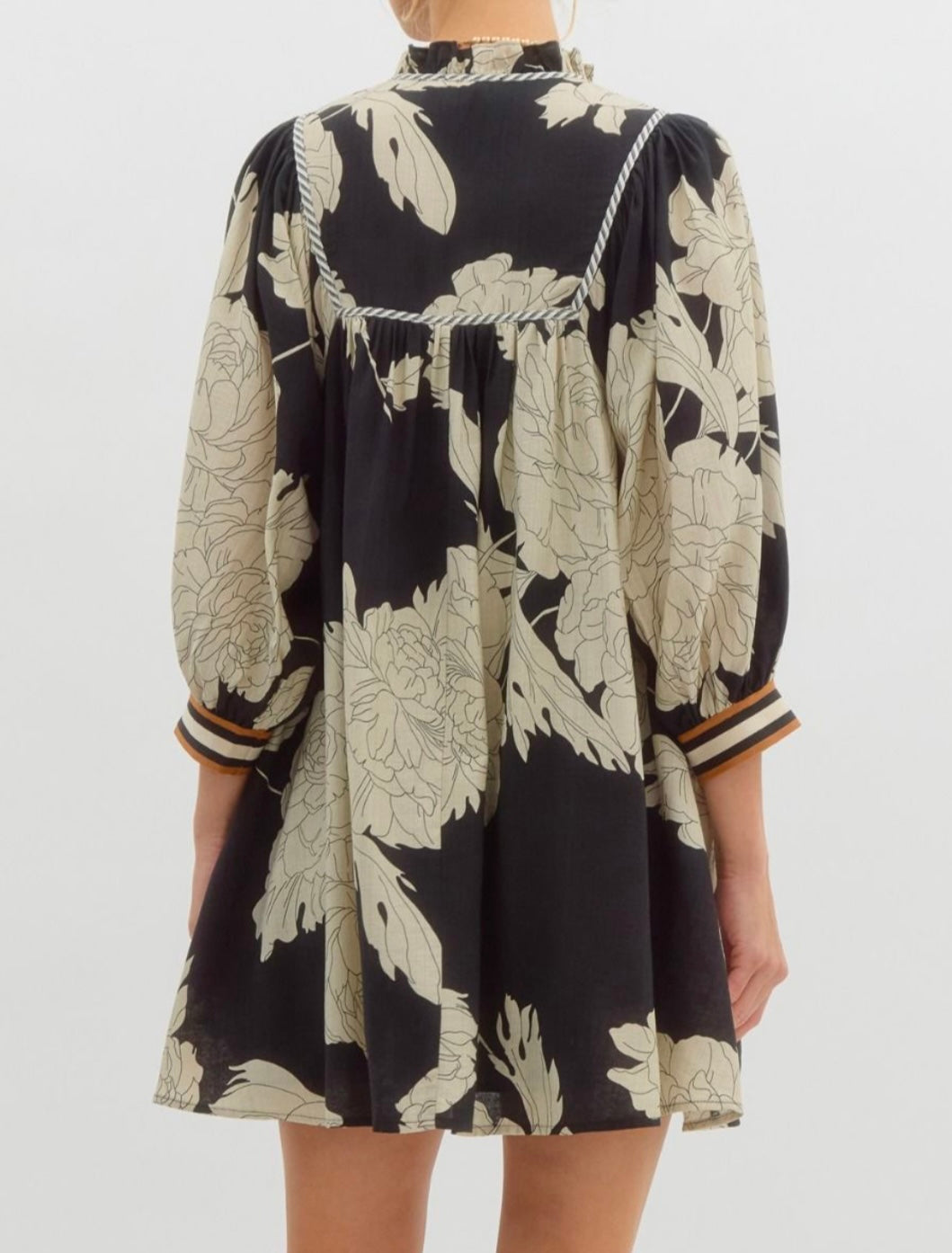 Black Floral 3/4 Sleeve Front Tie Dress