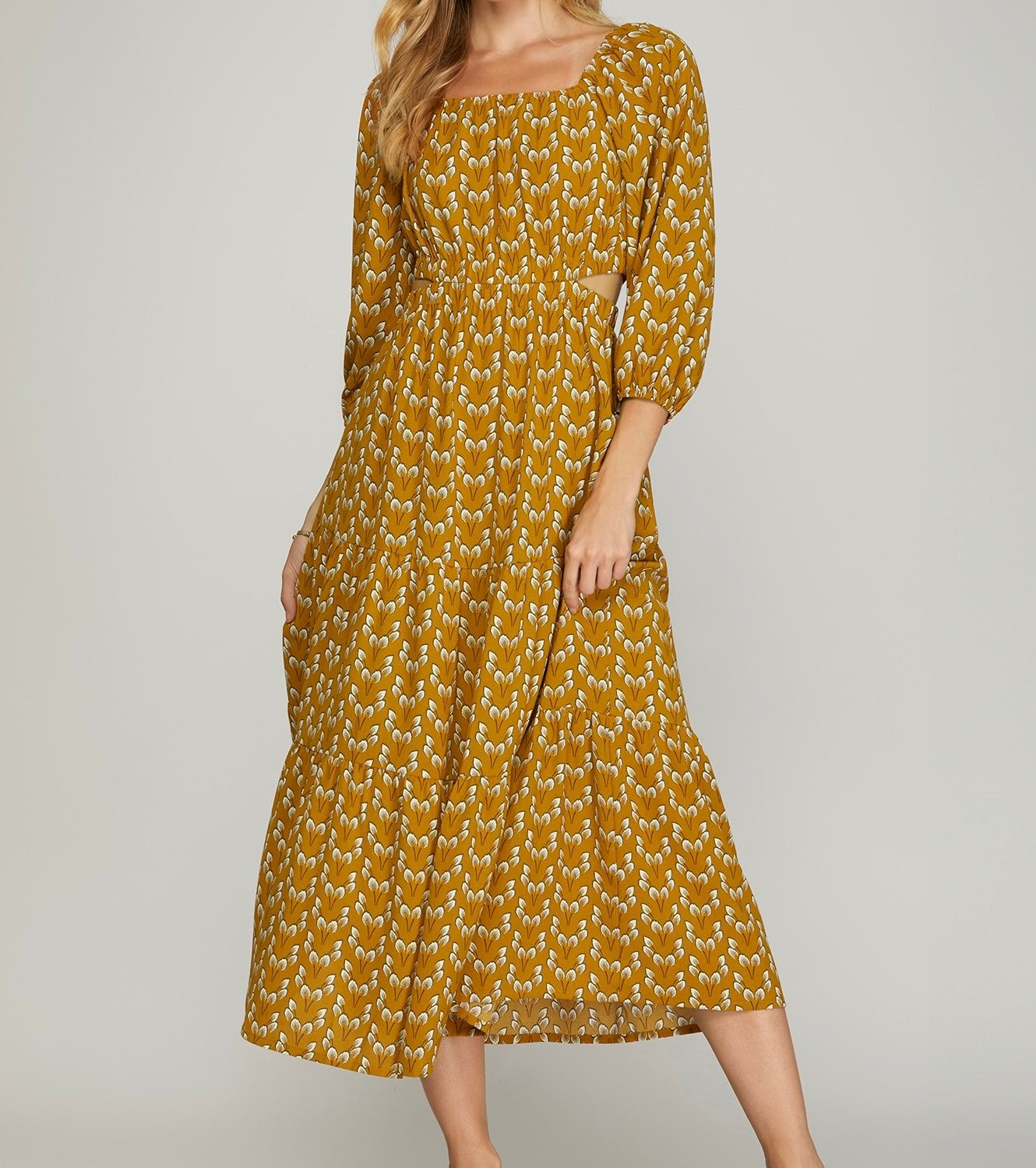 Mustard Tiered Print Midi Dress
