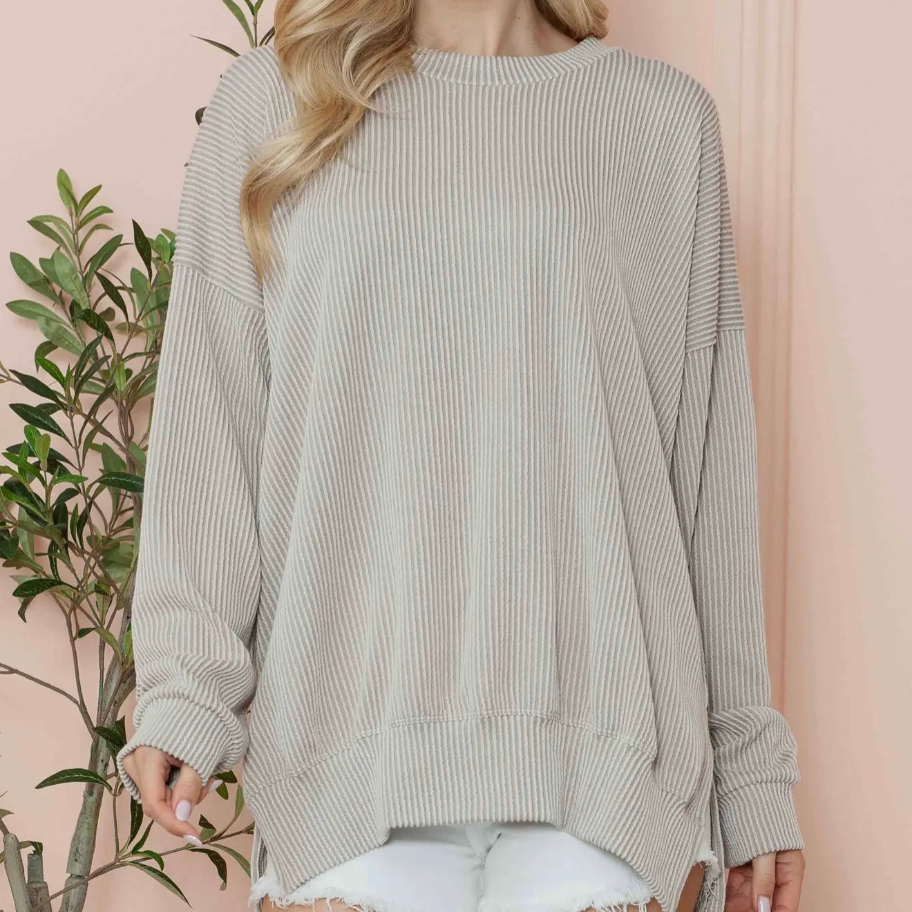 Oversized Ribbed Side Slit Sweatshirt
