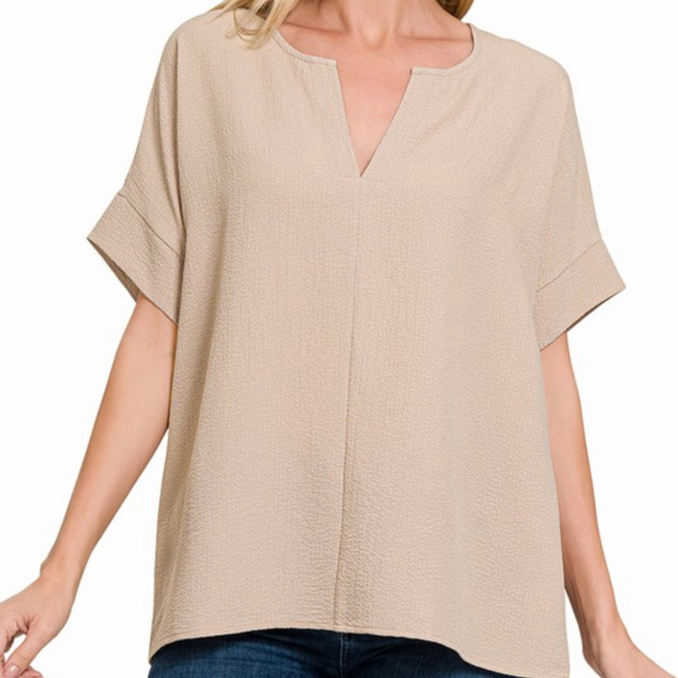 Woven Bubble Airflow Split Neck Top