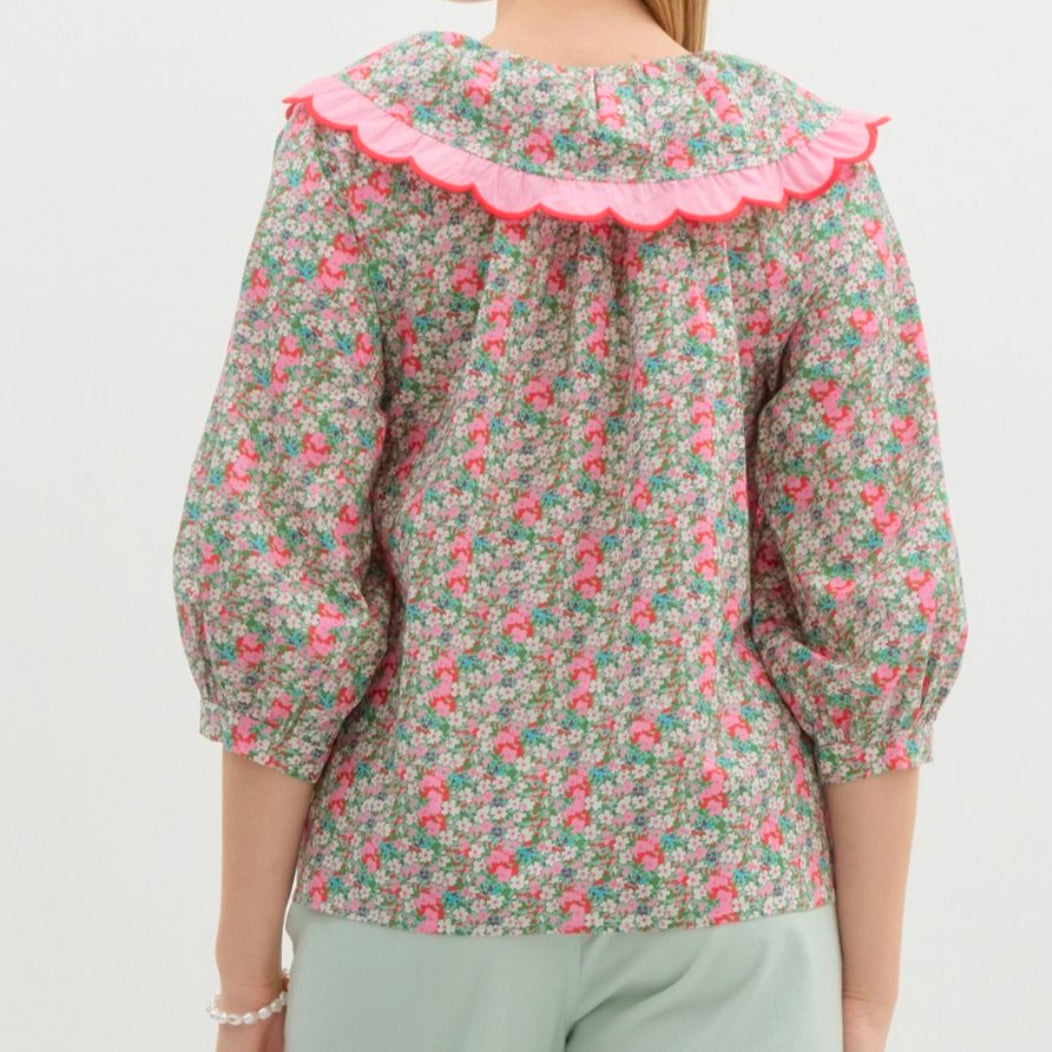 Floral 3/4 Sleeve Scalloped Ruffle Top