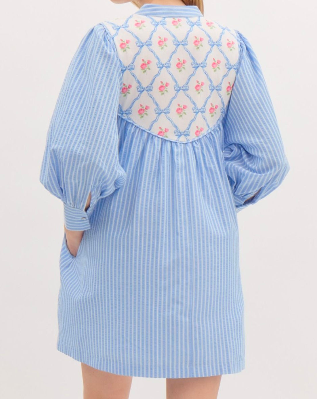 Striped 3/4 Sleeve Floral Ribbon Print Dress