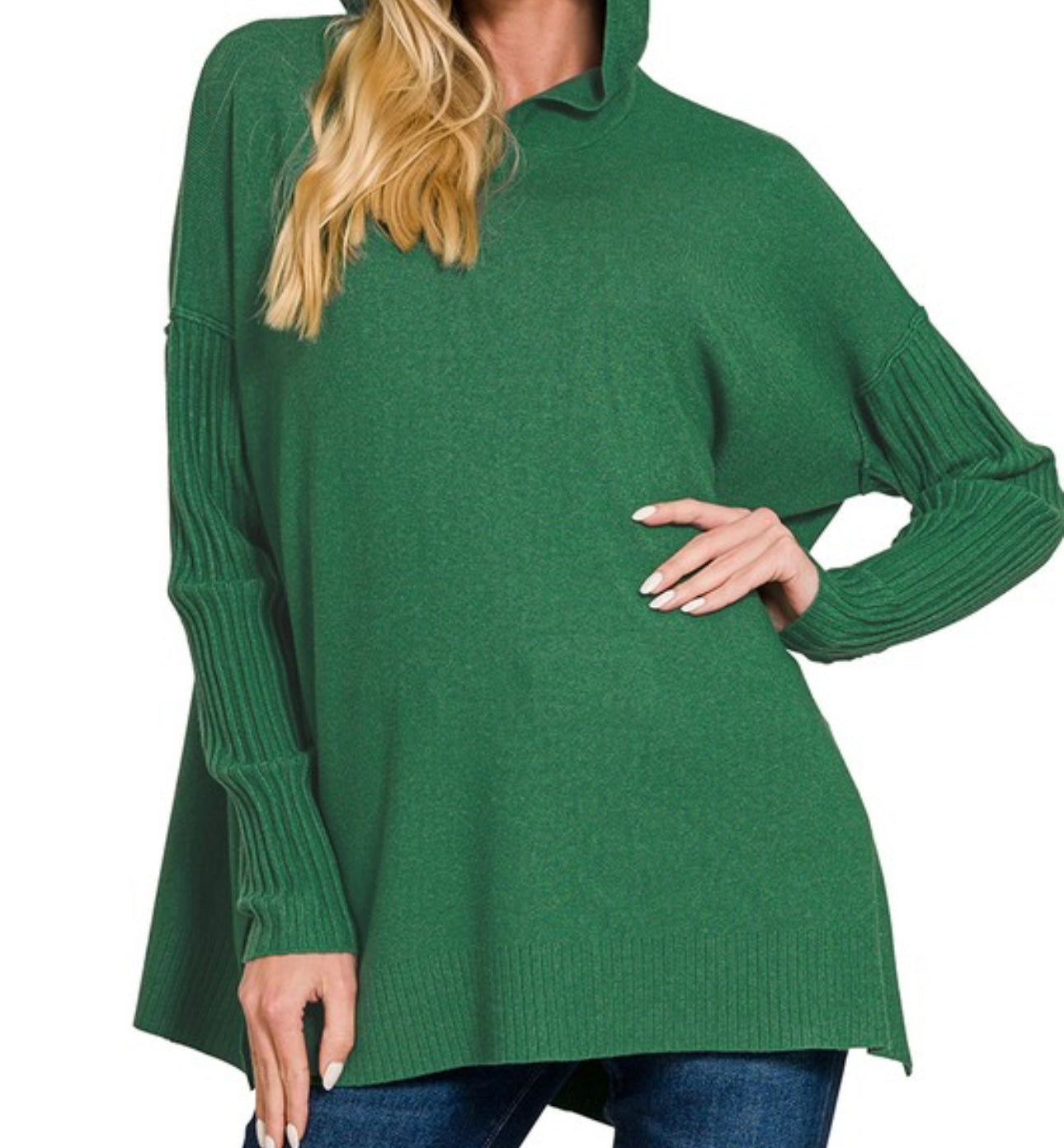 Hooded Ribbed Sleeve Sweater