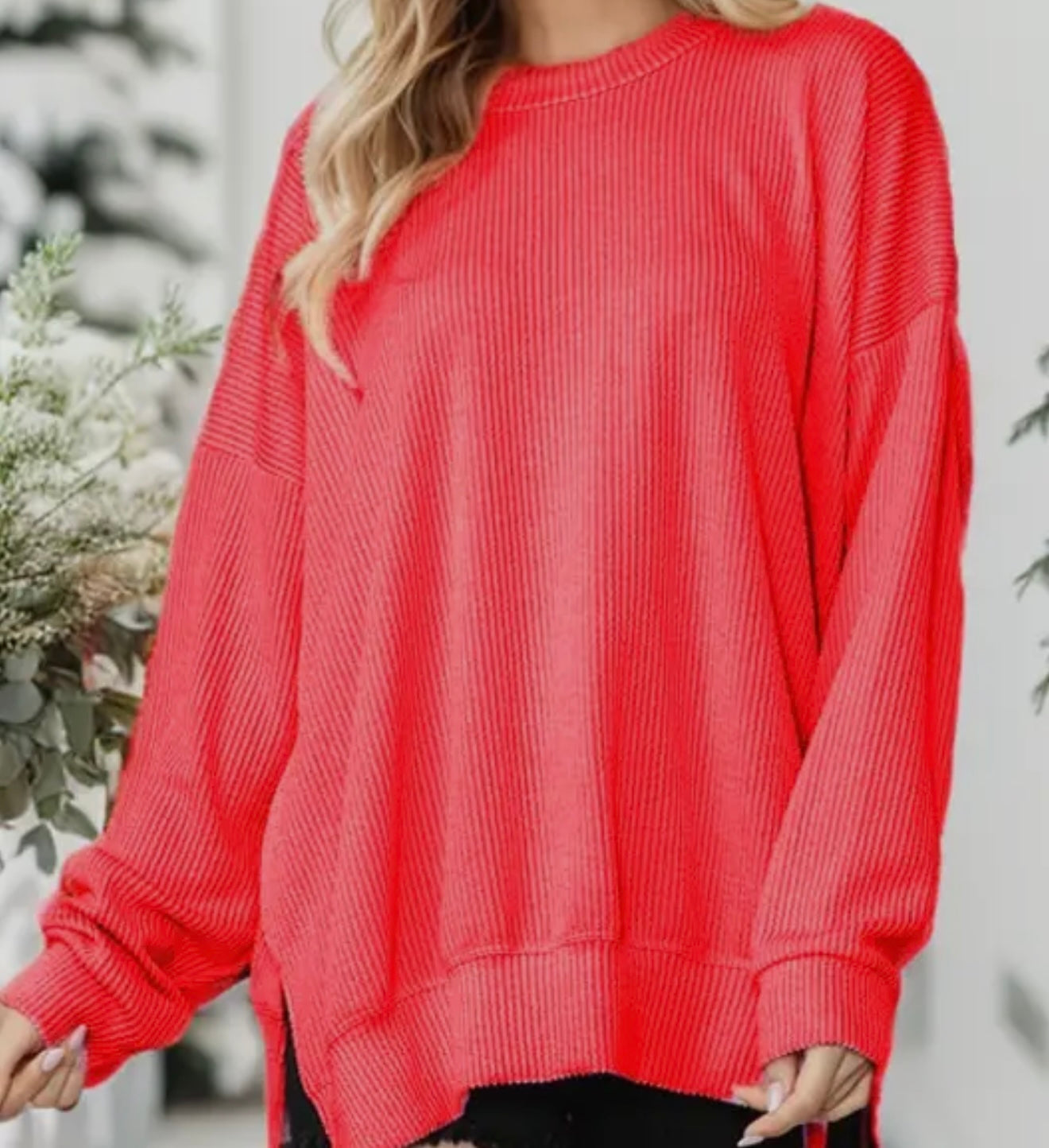 Oversized Ribbed Side Slit Sweatshirt