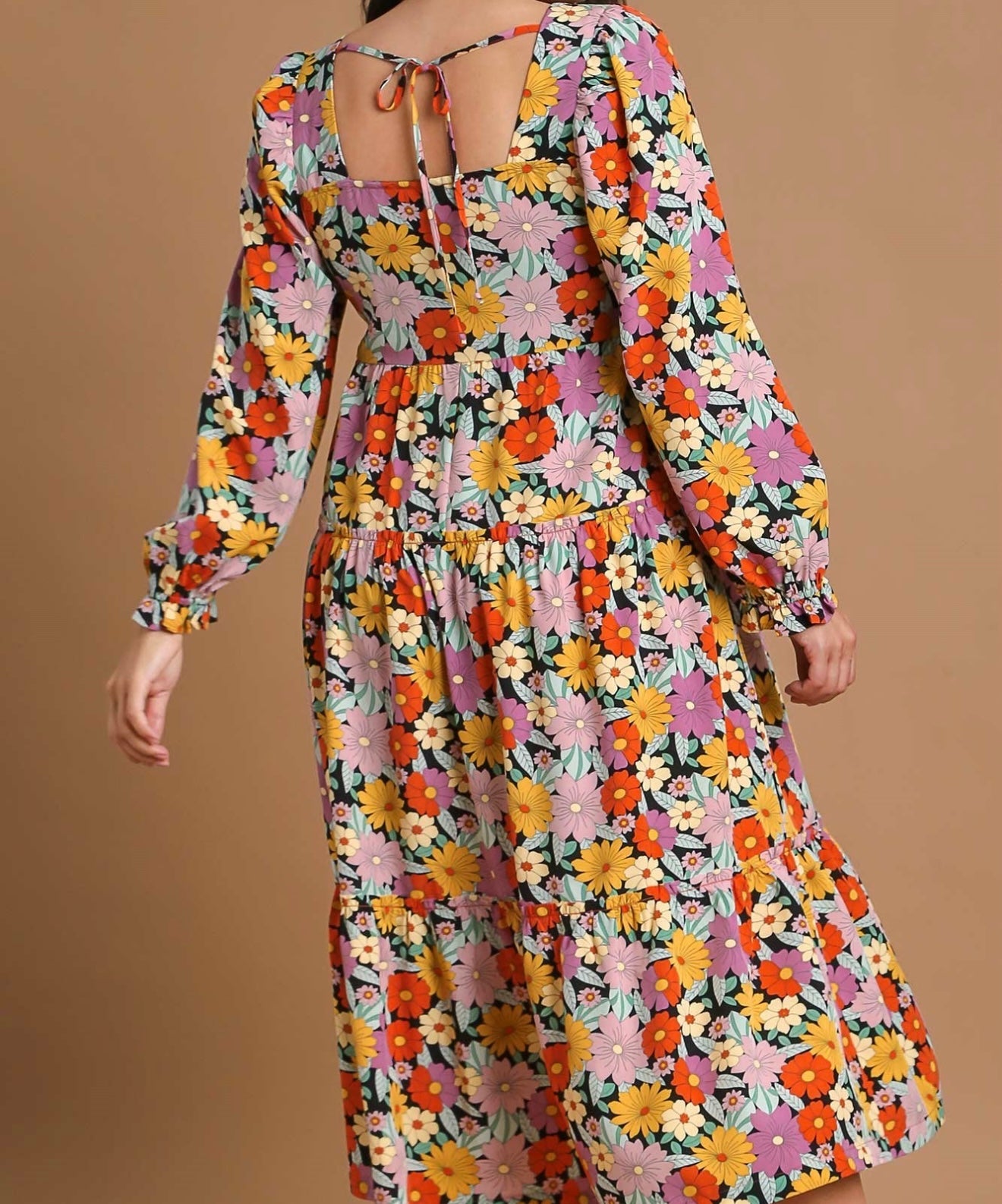 Black Floral Print Ruffle Long Sleeve Maxi Dress