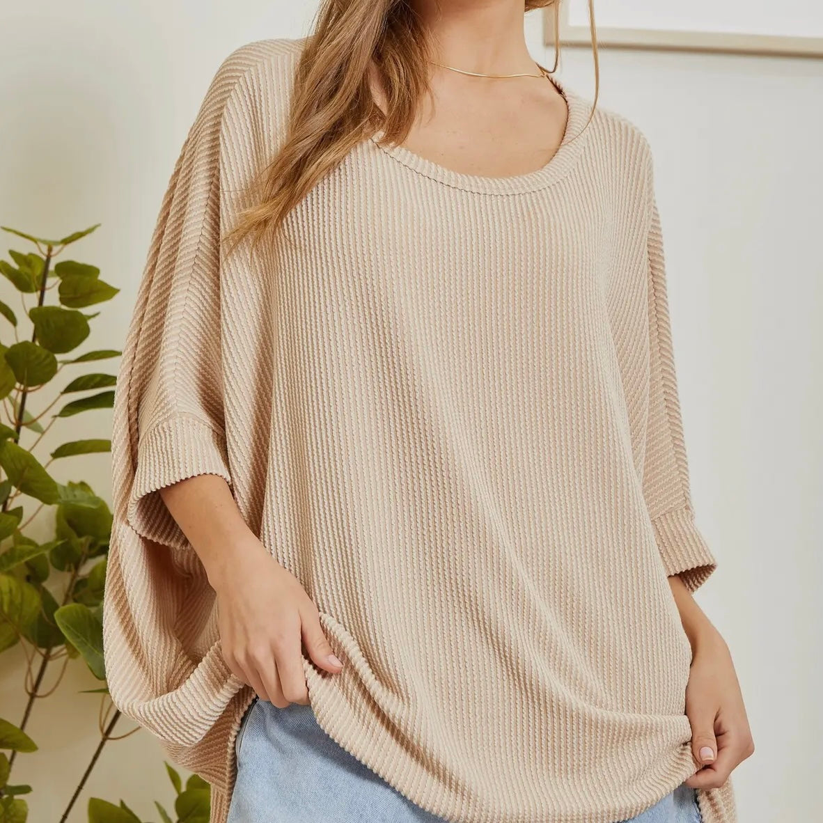 Plus Taupe Ribbed Tunic Top
