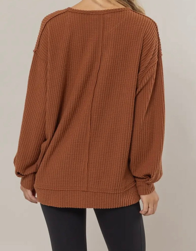 Brushed Waffle Notch Neck Long Sleeve Top