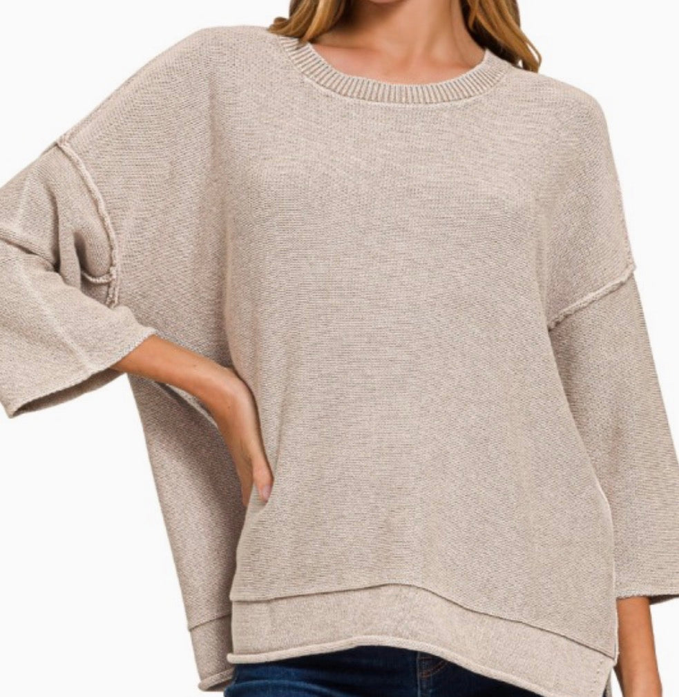 3/4 Sleeve Washed Boxy Sweater