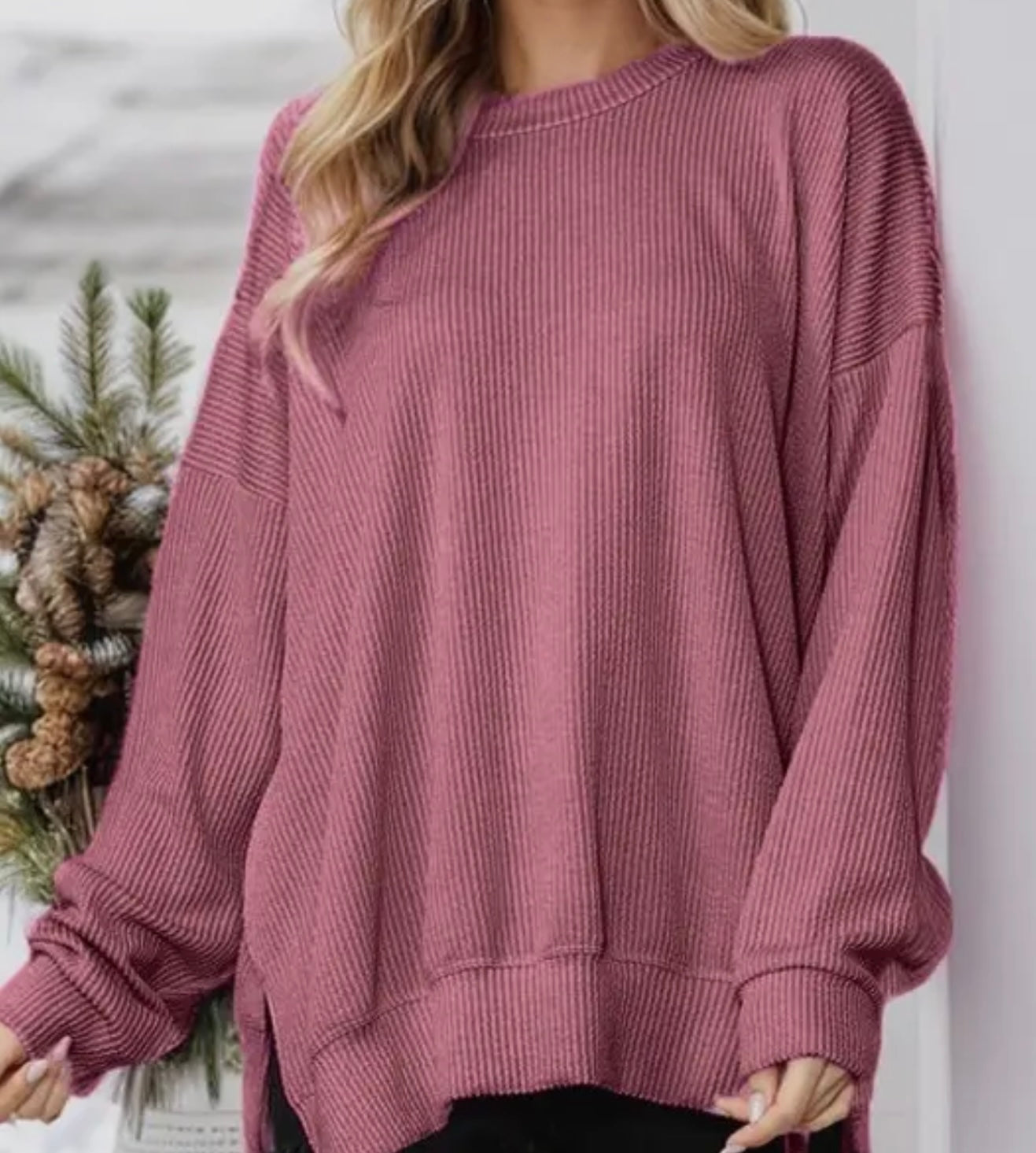 Oversized Ribbed Side Slit Sweatshirt
