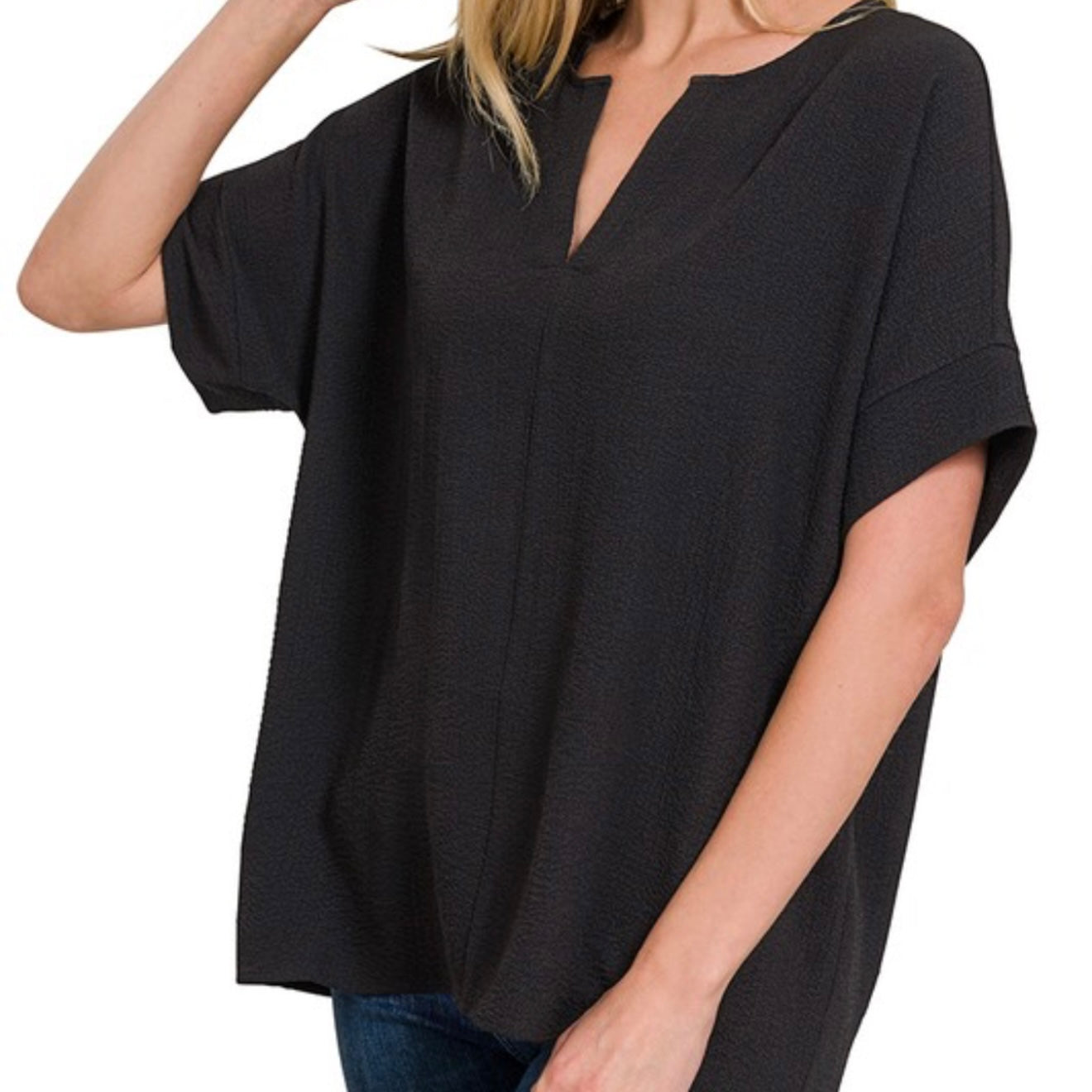 Woven Bubble Airflow Split Neck Top