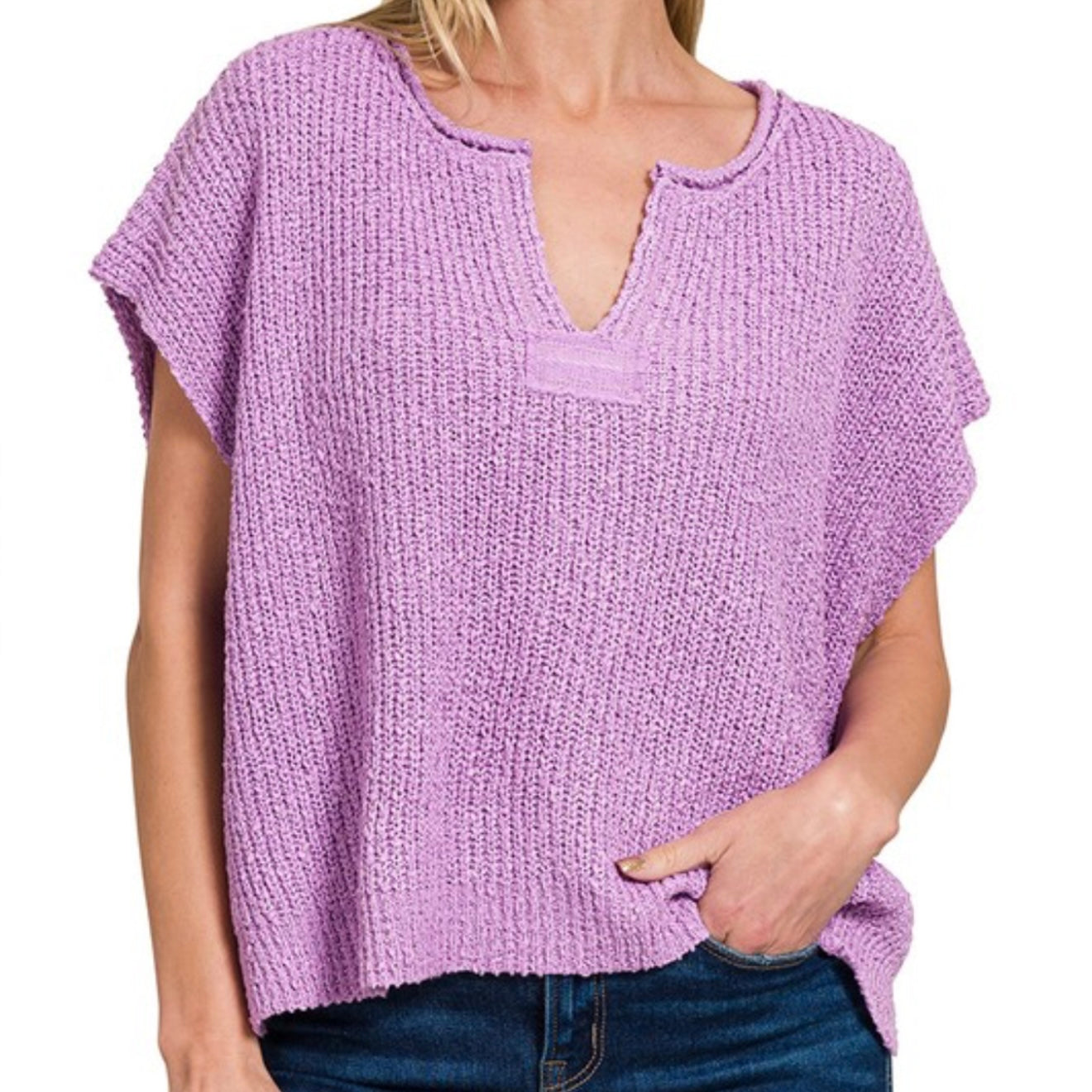 Split-Neck Side Slit Pullover Top