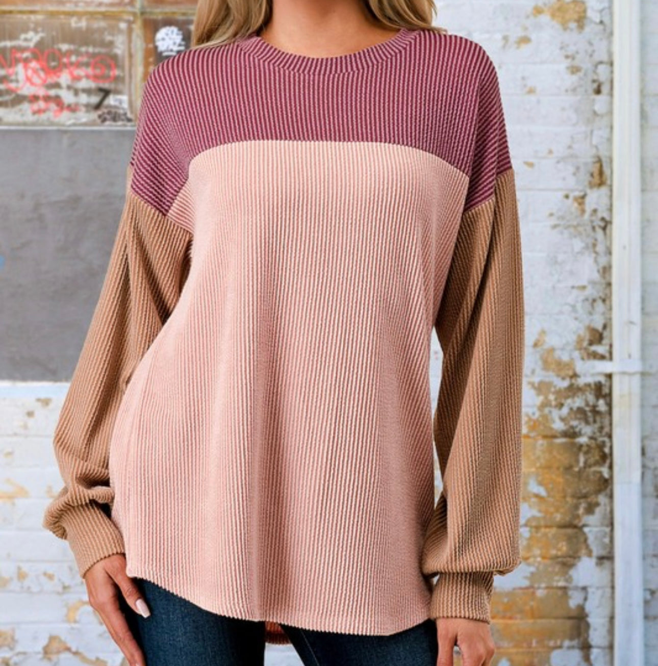 Color Block Ribbed Long Sleeve Top