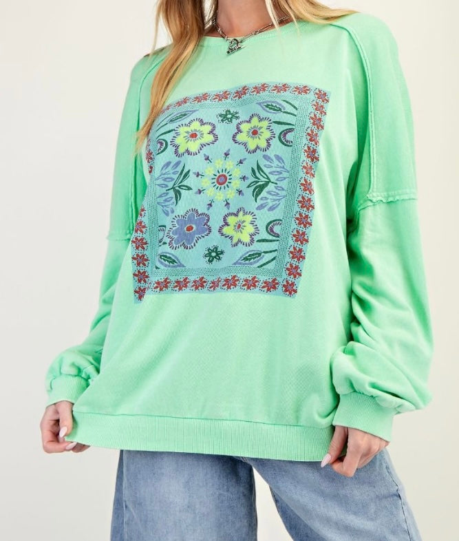 Boho Print Washed Terry Pullover