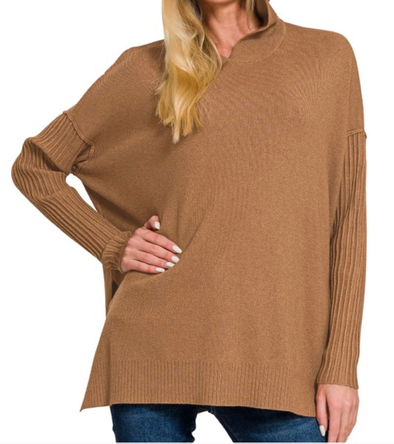 Hooded Ribbed Sleeve Sweater