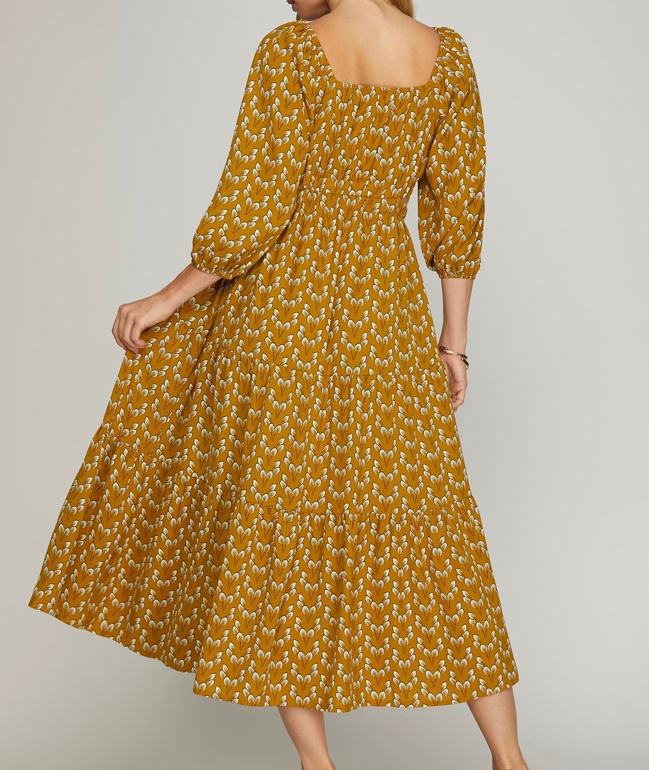 Mustard Tiered Print Midi Dress