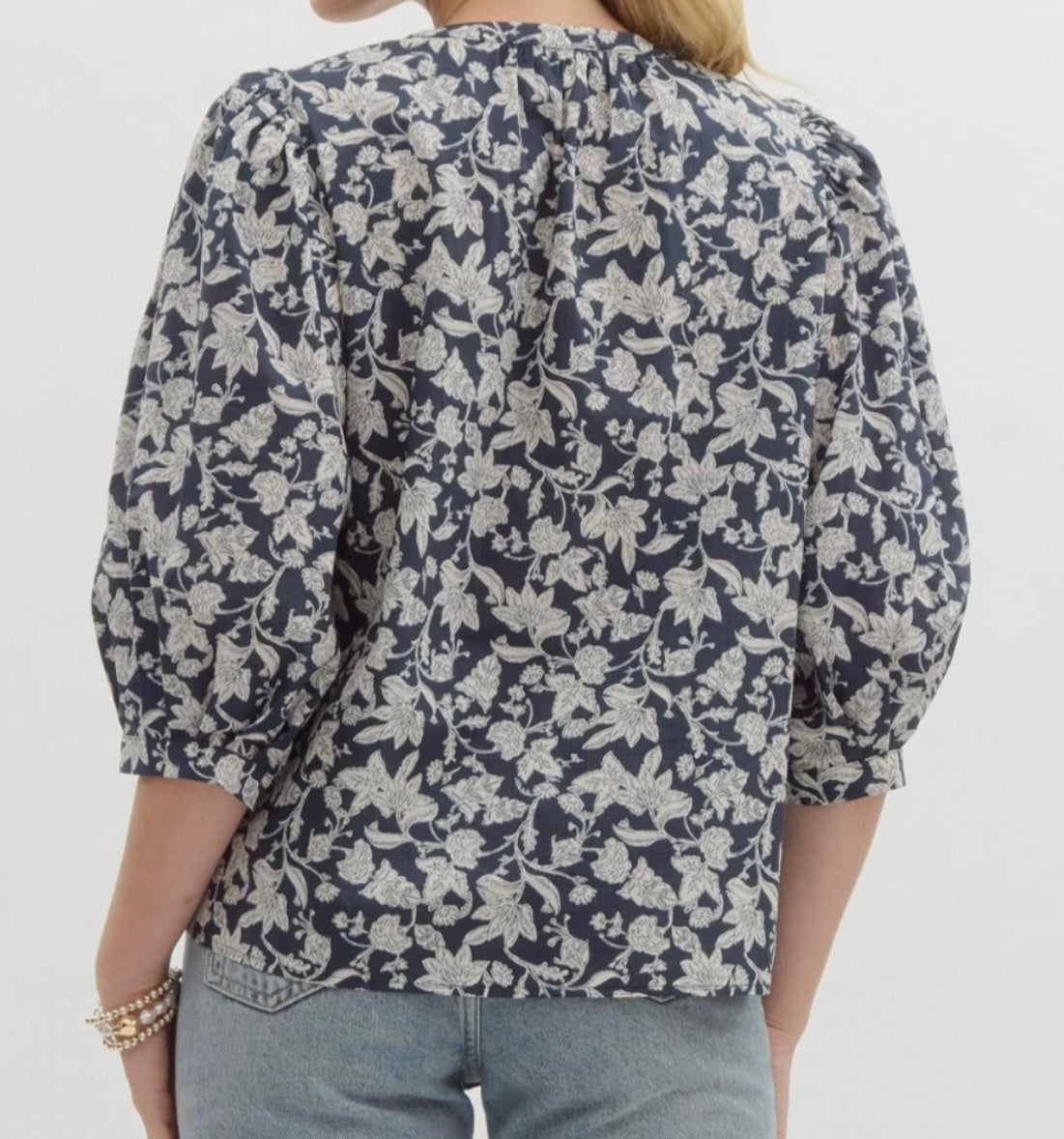 Navy Floral Puff 3/4 Sleeve Top