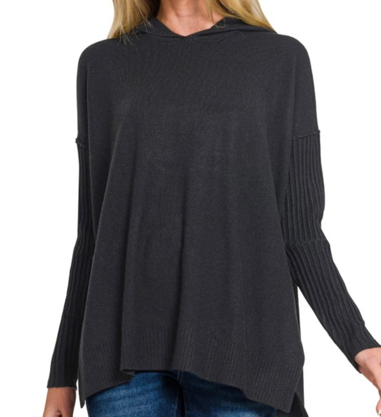 Hooded Ribbed Sleeve Sweater