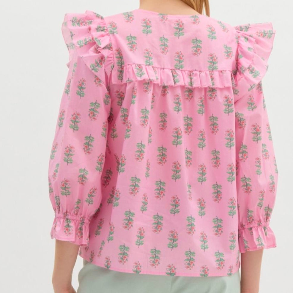 Pink Floral Print 3/4 Sleeve Ruffle Top