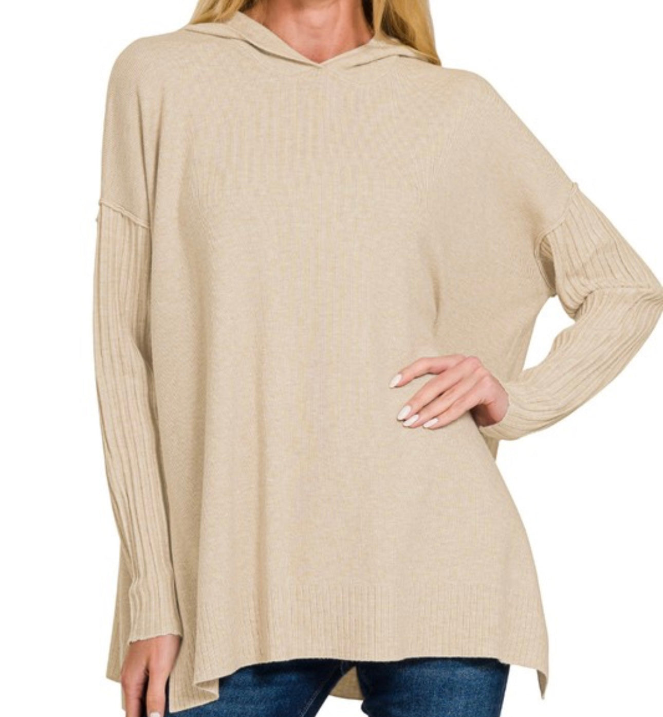 Hooded Ribbed Sleeve Sweater
