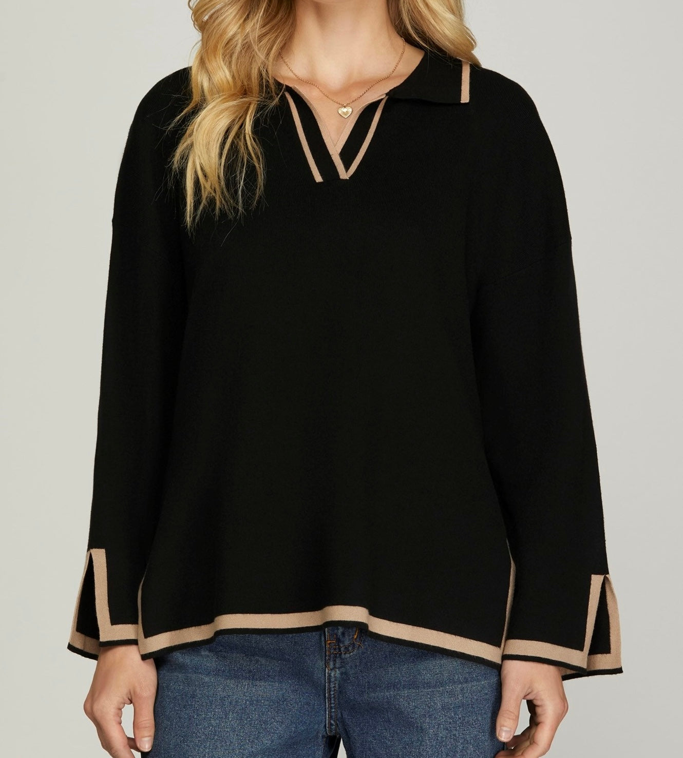 Black Long Sleeve Contrasting Collared Sweater