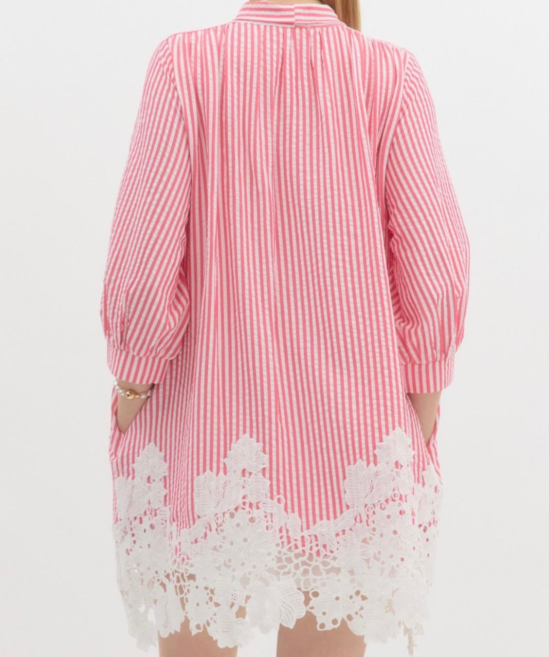Pink Striped Bow Lace 3/4 Sleeve Dress