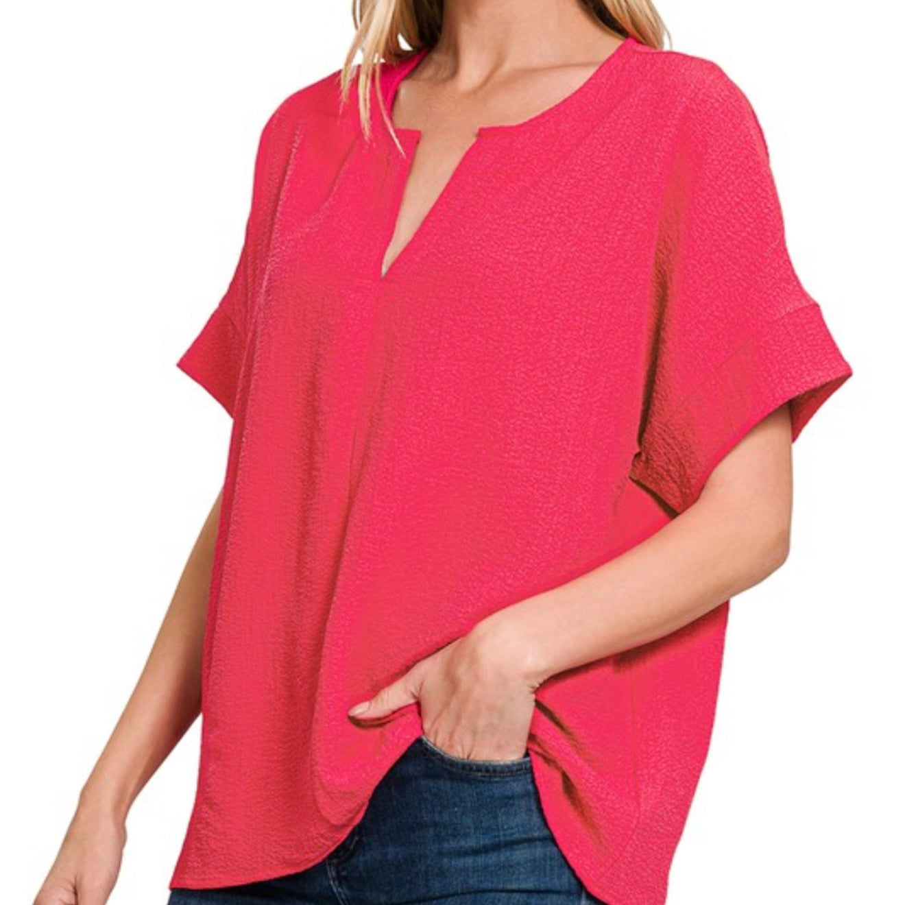 Woven Bubble Airflow Split Neck Top
