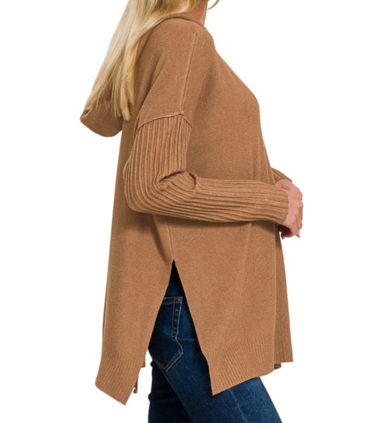 Hooded Ribbed Sleeve Sweater