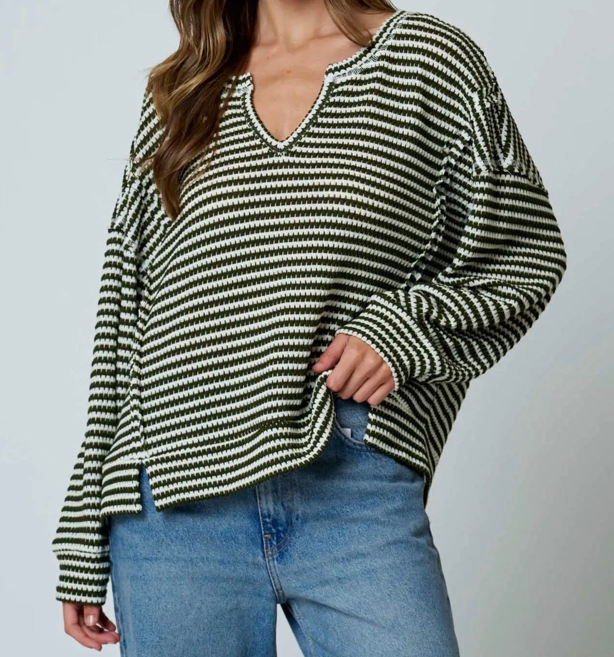 Striped Split Neck Long Sleeve Top