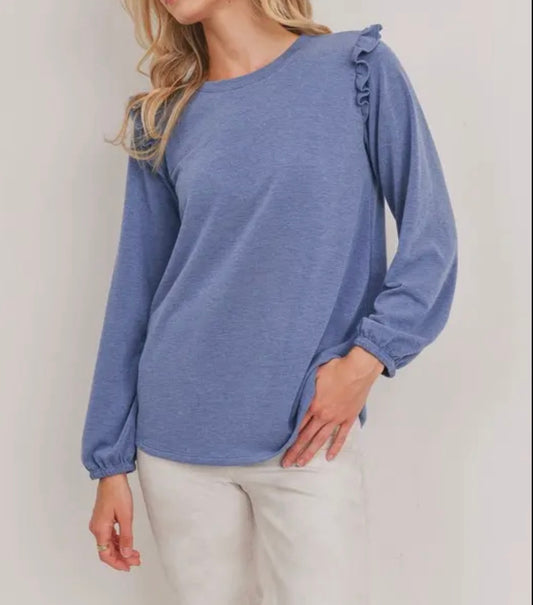Blue Frill Shoulders French Terry Top