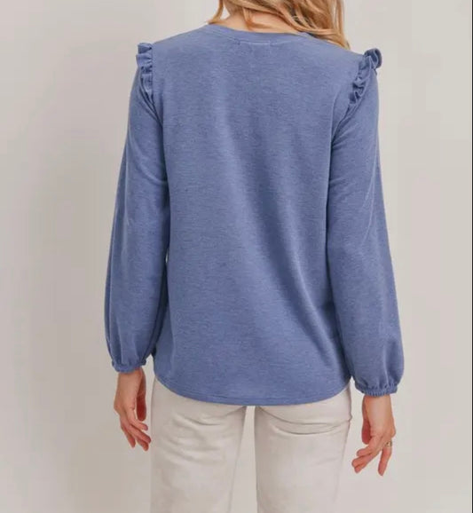 Blue Frill Shoulders French Terry Top