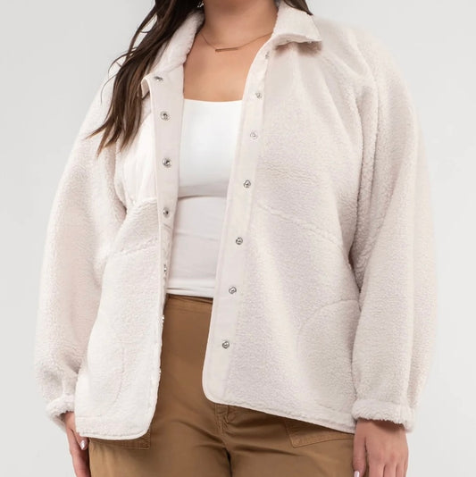 Plus Ivory Solid Snap Button Fleece Jacket