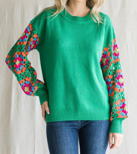 Green Open Knit Sleeves Sweater