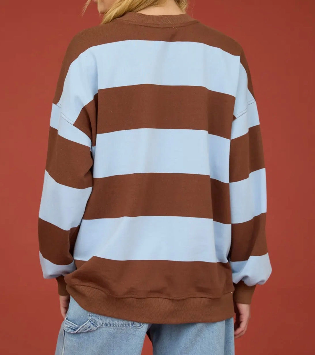 Blue & Brown Oversized Wide Stripe Crewneck Top